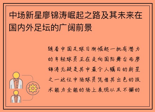 中场新星廖锦涛崛起之路及其未来在国内外足坛的广阔前景