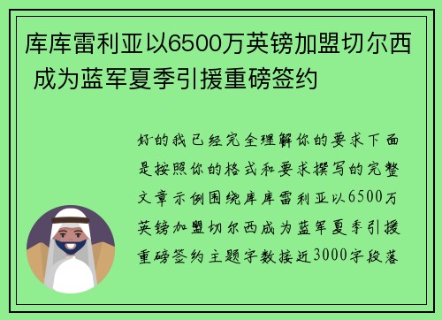 库库雷利亚以6500万英镑加盟切尔西 成为蓝军夏季引援重磅签约 库库雷利亚以6500万英镑加盟切尔西 成为蓝军夏季引援重磅签约