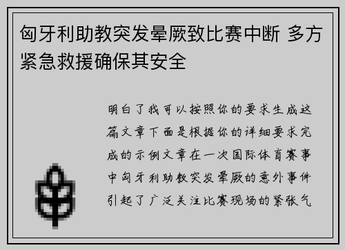 匈牙利助教突发晕厥致比赛中断 多方紧急救援确保其安全 匈牙利助教突发晕厥致比赛中断 多方紧急救援确保其安全